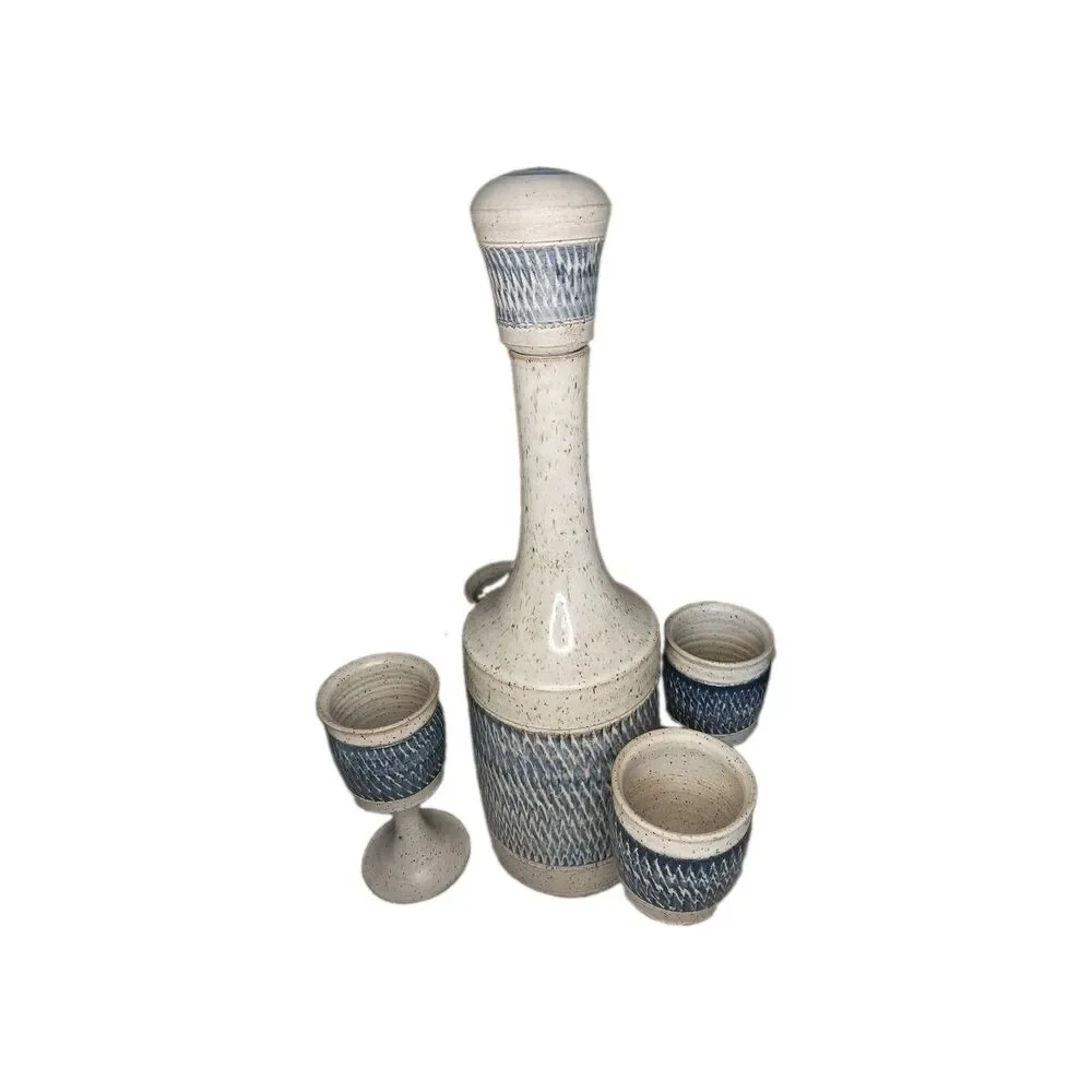 70s Mid Century Ray Studio Pottery Decanter Wine Set 4 Chalices Flawless New